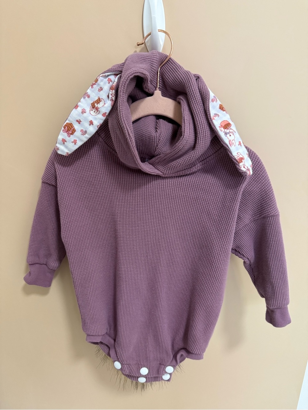Mauve Waffle-Knit Bunny Ear Baby Romper